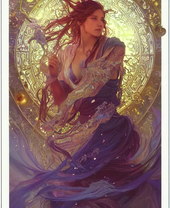 Image similar to a trading - card of a wizard surrounded by a whirlwind of magical particles ushing inside the metaverse, half body, fantasy, intricate, elegant, highly detailed, colorful, vivid color, digital painting, artstation, concept art, art by artgerm and greg rutkowski and alphonse mucha and ruan jia