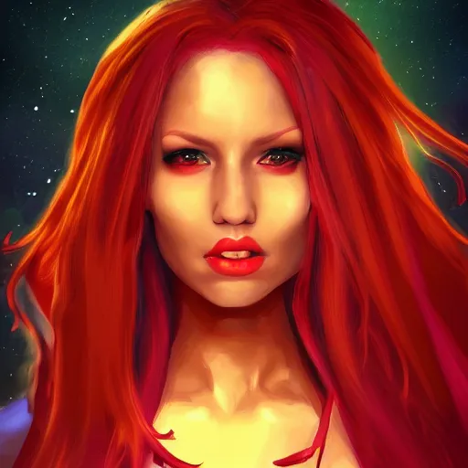 Prompt: a portrait of starfire, cinematic, epic, legendery, dark comedy, nigth moon ligth, fun, inspiring, mind blowing camer shot sharp focus, detailed, digital art, artstation, concept art, sharp focus, illustration, art by waya steurbaut