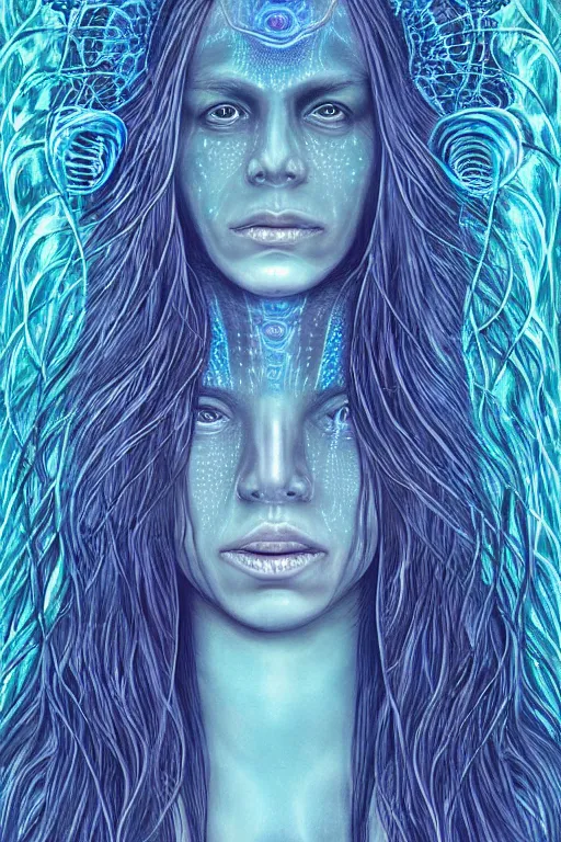 Image similar to dark underwater portrait of a Bioluminescent woman, with reaction diffusion semi-transparent skin. face closeup. long intricate dark hair, with jellyfish. very high detail, illustration, by alex grey