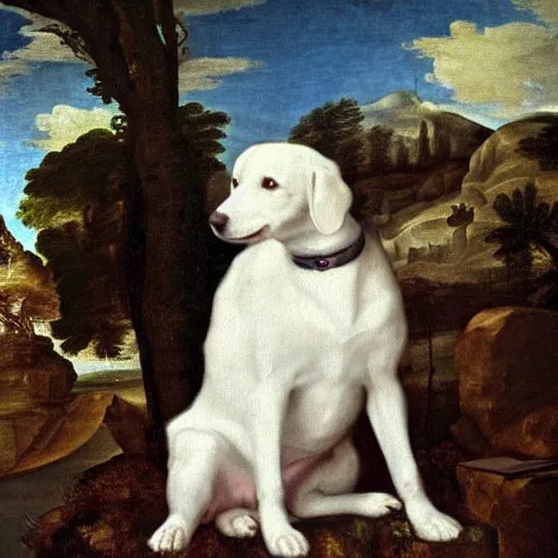 Image similar to renaissance painting of a white dog with big black spots sitting for a portrait