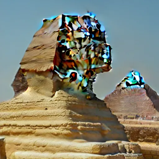 Prompt: the great sphinx of giza, except its an overweight middle aged software engineer writing code on laptop, high quality digital art, 8k