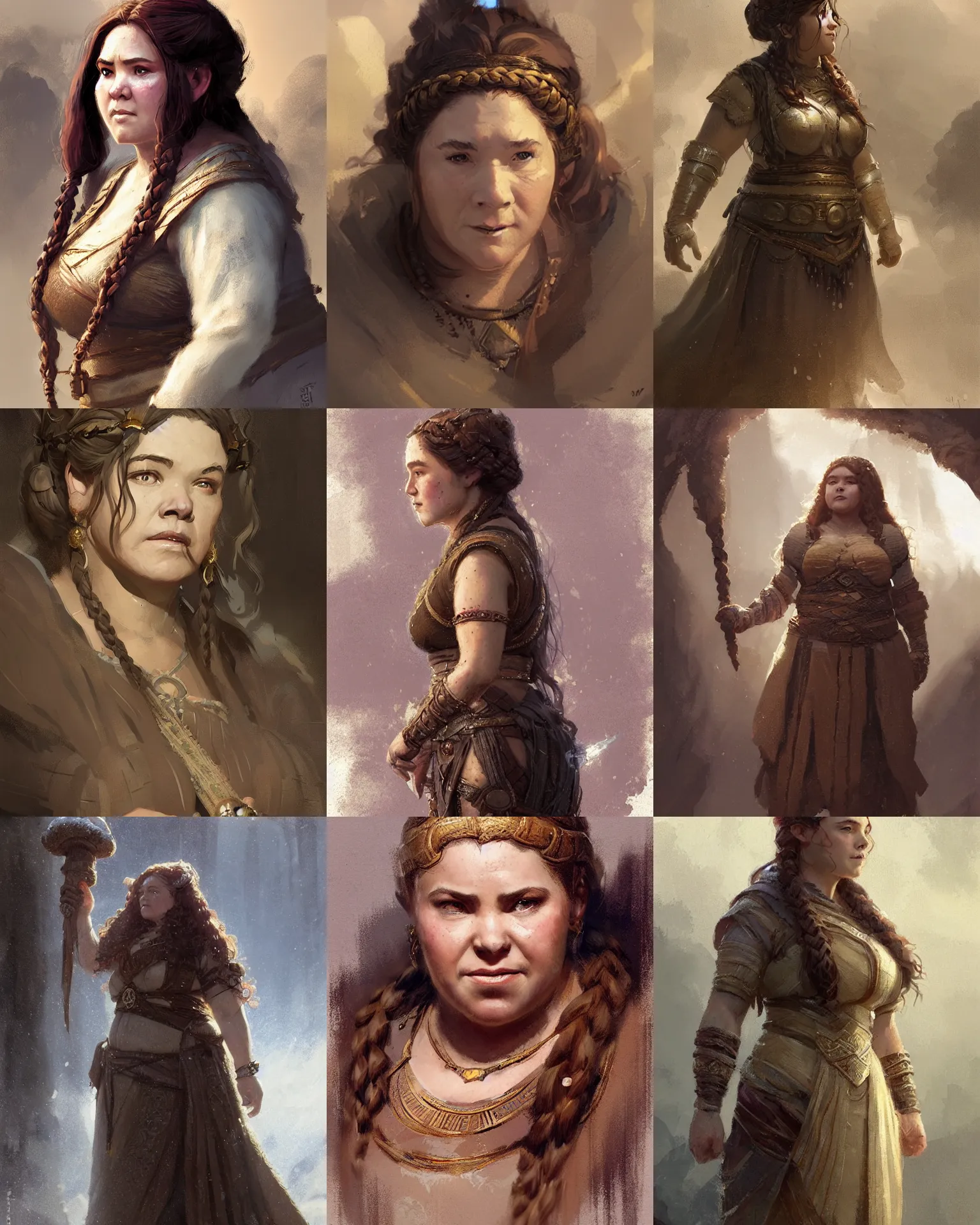 Prompt: female dwarven noblewoman, chubby short stature, braided intricate hair, by greg rutkowski