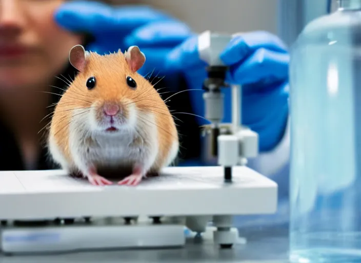 Image similar to film still of a hamster working in a research lab using a tiny microscope, 8 k