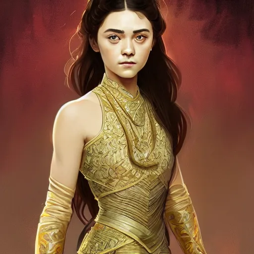 Image similar to Portrait of arya stark as javanese princess, elegant, digital painting, highly detailed, fantasy, artstation, concept art, smooth, sharp focus, illustration, art by artgerm and greg rutkowski and alphonse mucha