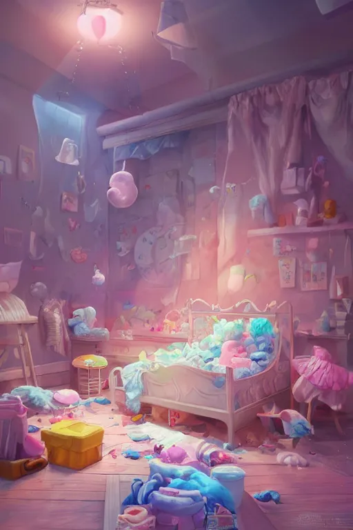 Image similar to Diaper Disposal Factory, Overflowing with Diapers, digital art, fantasy, trending on artstation, professional illustration, cgsociety, ultra detailed, volumetric lighting, celshaded, colorful, girly bedroom, lively, cute