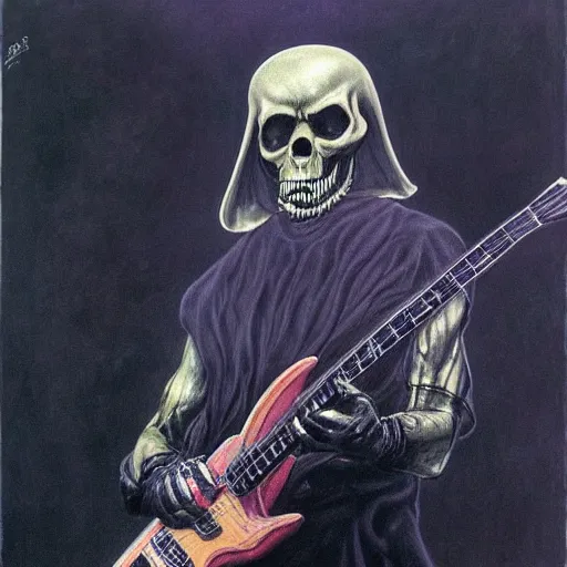 Image similar to the grim reaper playing in a heavy metal band, live on stage, photorealism, by Wayne Barlowe