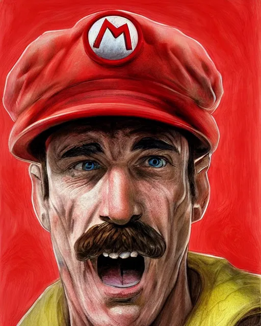 Prompt: portrait of super mario as a soviet factory worker, red cap, gritty, dirty, beautiful, very detailed, hyperrealistic, medium shot, very detailed painting by Glenn Fabry, by Joao Ruas