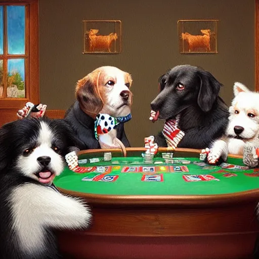 Image similar to dogs playing poker, digital art, artstation, high details