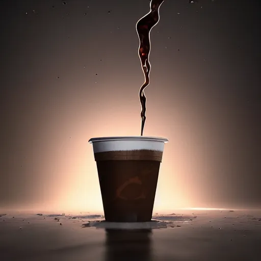 Prompt: : a sloppy cup of coffee with fluid flying out the cup hyperbolic ,hyper detailed art station  parabolic lighting unrealengine ,cinematic, hyper realism, high detail, octane render, 8k