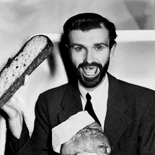 Prompt: jesus dressed as a 1 9 5 0 s advertising executive holding bread and fish