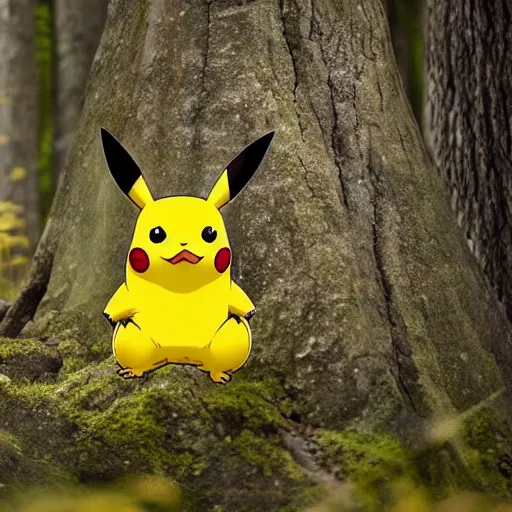 Prompt: pikachu in a forest, realistic, national geographic wildlife photography