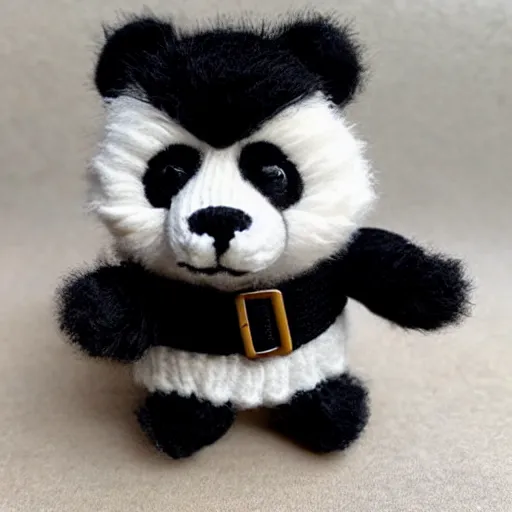 Prompt: charismatic Knitted panda style Pomeranian in black leather jacket