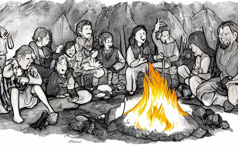 Image similar to childrens book illustration of the fellowship of the ring making s'mores around a campfire