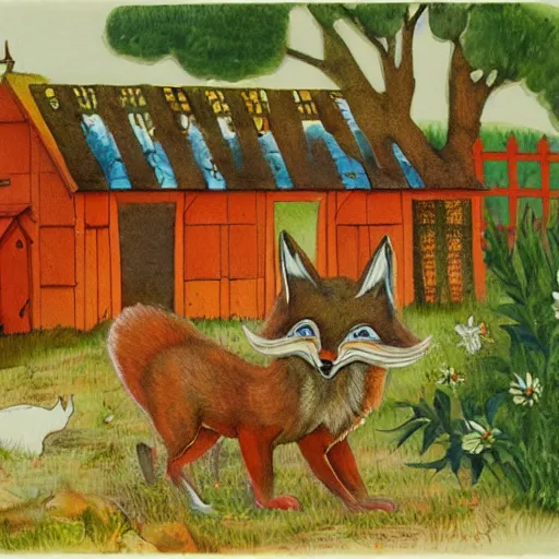 Image similar to a smug red fox in front of a hen house, watercolor illustration by Louis William Wain,