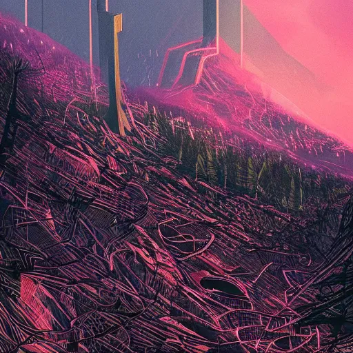 Prompt: detailed dystopic cyberpunk illustration of steep long zig - zag path to an evil sharp fantasy castle over a high dark blue hill, orange to pink gradient sky and thunderstorm background. forest underneath