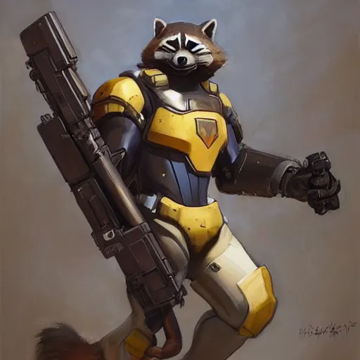 Image similar to greg manchess portrait painting of armored rocket raccoon as overwatch character, medium shot, asymmetrical, profile picture, organic painting, sunny day, matte painting, bold shapes, hard edges, street art, trending on artstation, by huang guangjian and gil elvgren and sachin teng