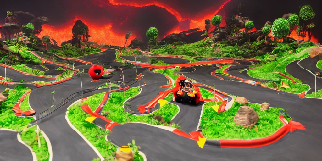 Image similar to diorama of a lava-themed mario kart track, studio lighting, high quality photo