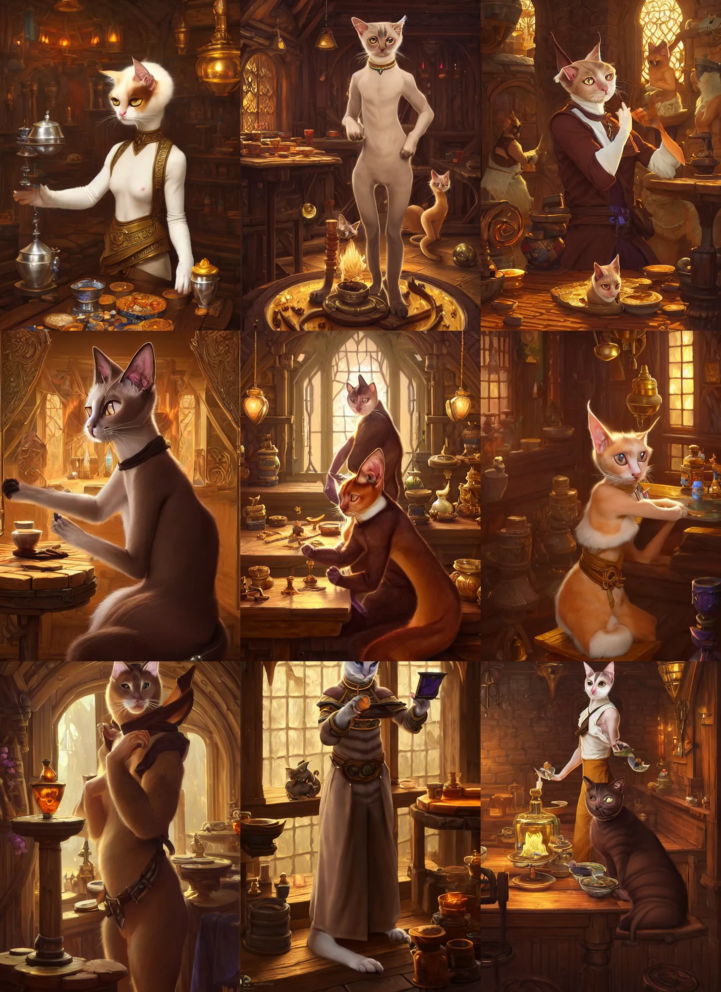 Prompt: full body photograph of a male anthropomorphic siamese cat fursona healing mage in a tavern, deep focus, intricate, elegant, highly detailed, digital painting, artstation, concept art, matte, sharp focus, illustration, d & d, fantasy, hearthstone, art by artgerm and greg rutkowski and alphonse mucha