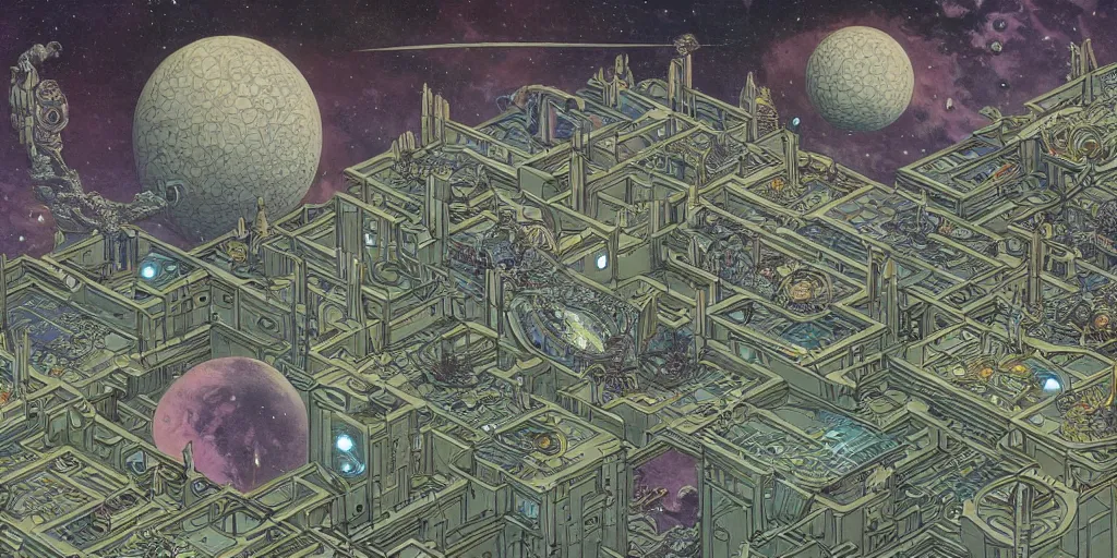 Image similar to space colony citadel by moebius and Escher and mohrbacher