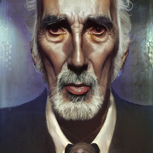 Image similar to hyperrealist portrait of christopher lee as an ancient old alien with large cruel intelligent eyes and a huge head standing in front of a computer interface by jeremy mann and alphonse mucha and alan lee, fantasy art, photo realistic, dynamic lighting, artstation, poster, volumetric lighting, very detailed faces, award winning, full face, symmetry