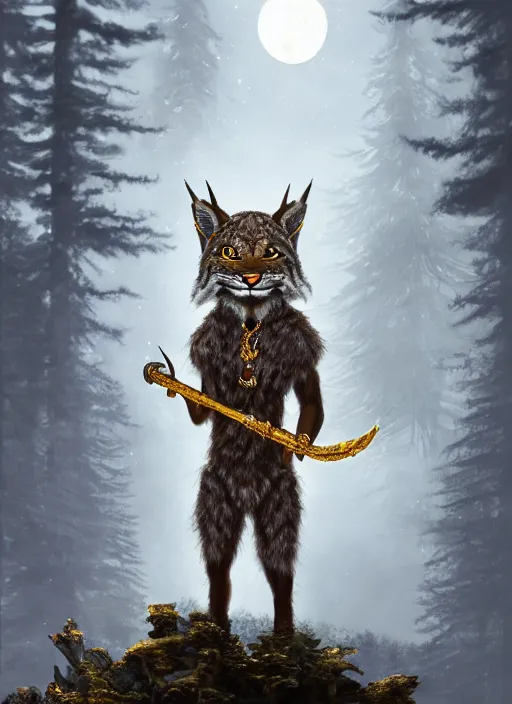 Prompt: anthropomorphic lynx holding a golden intricately decorated shiny scepter, night, spruce trees on the sides, mountains in the background, eerie dark atmosphere, moonlit, back light, in the style of fantasy movie, fantasy art, fantasy matte painting, trending on artstation