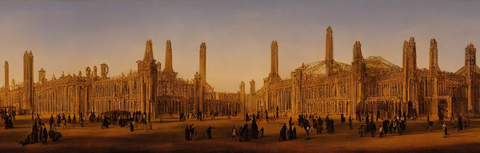 Prompt: a color photograph of the crystal palace, london exhibition of 1 8 5 1, golden hour,