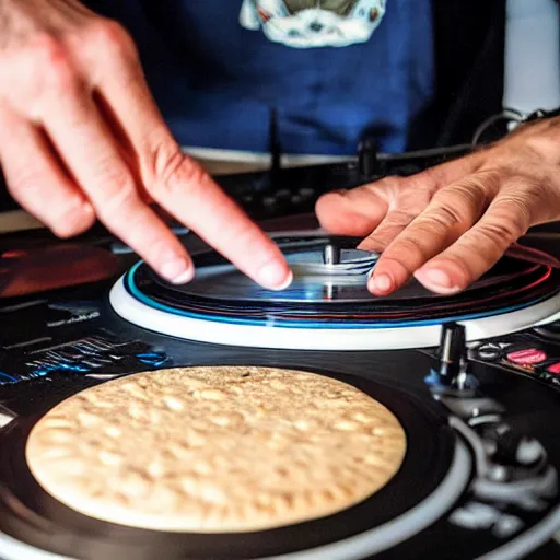 Prompt: a disc jockey is scratching with one hand on a turntable that has an Israeli pita bread on it, the turntable’s needle is also on the pita, wide shot