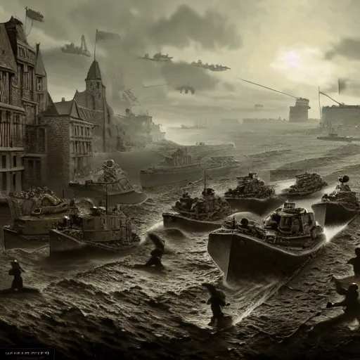 Prompt: the the D day WW2 in roblox, photo from 1940s, very detailed, fantasy, dramatic, intricate, elegant, highly detailed, digital painting, artstation, concept art, smooth, sharp focus, illustration, art by Gustave Dore, octane render