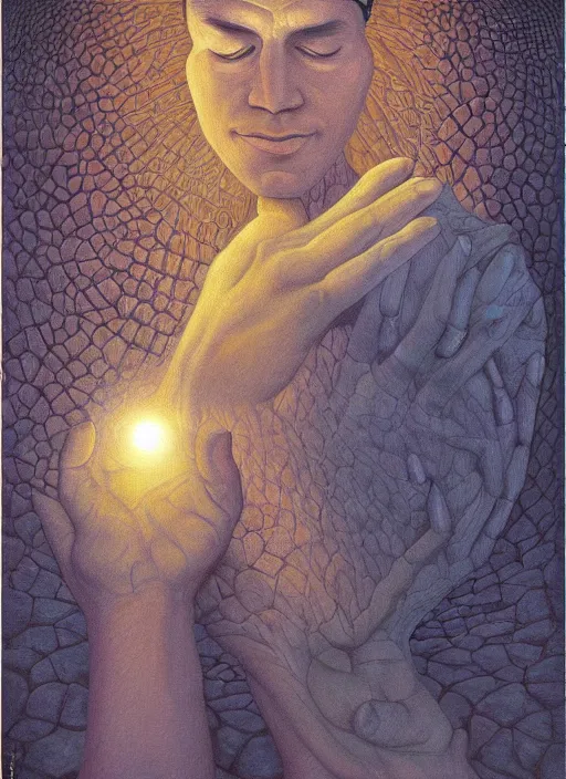 Prompt: a surreal painting of a radiant shaman's face, by rob gonsalves, symbolist, soft colors, dramatic lighting, smooth, sharp focus, extremely detailed, aesthetically pleasing composition