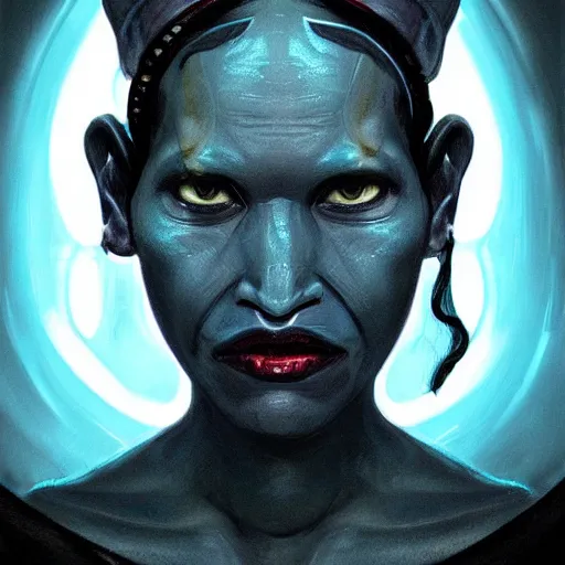 Image similar to portrait of a twi'lek woman by greg rutkowski, blue skin, pretty, she wears a band on her forehead, evil energy, wearing black robes, twisted smile, star wars expanded universe, he is about 3 0 years old, highly detailed portrait, digital painting, artstation, concept art, smooth, sharp foccus ilustration, artstation hq