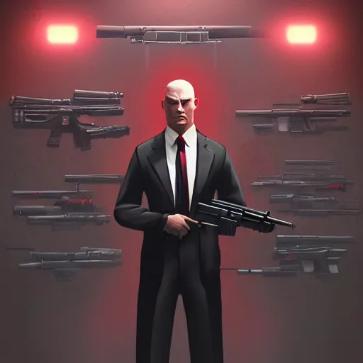 Image similar to a portrait of agent 4 7 from hitman standing in front of a wall of guns, dark background, red rim light, highly detailed, digital art, artstation, concept art, smooth, sharp focus, greg rutkowski, wlop