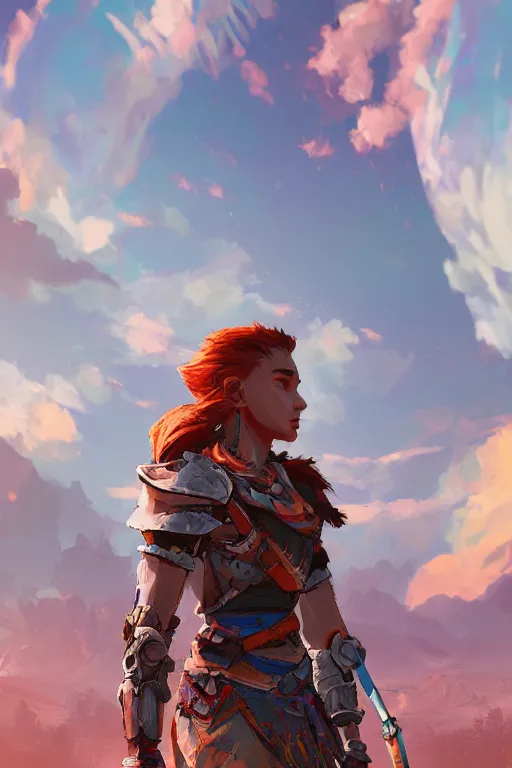 Image similar to combination suit armor aloy horizon forbidden west horizon zero dawn radiating a glowing aura global illumination ray tracing hdr fanart arstation by ian pesty and alena aenami artworks in 4 k tribal robot ninja mask helmet backpack