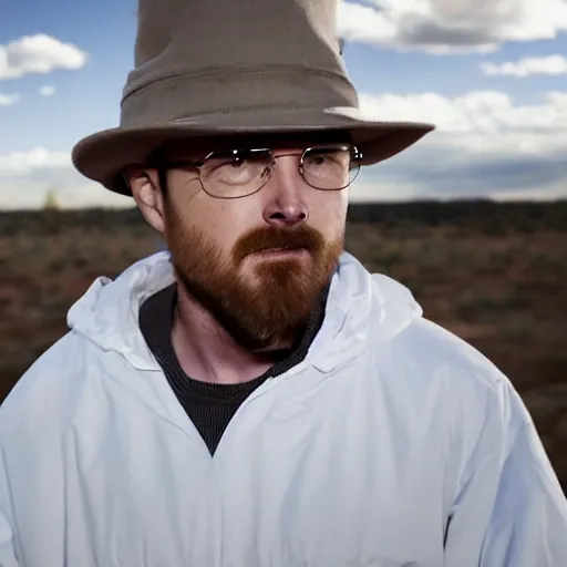 Image similar to Live Action Still of Aaron Paul dressed as and playing Walter White in Breaking Bad, real life, hyperrealistic, ultra realistic, realistic, highly detailed, epic, HD quality, 8k resolution, body and headshot, film still