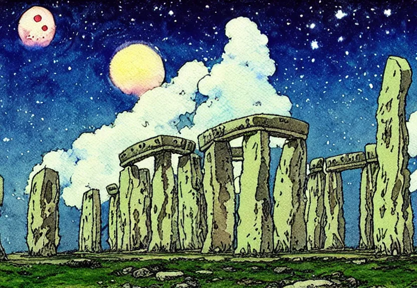 Image similar to a simple watercolor studio ghibli movie still fantasy concept art of stonehenge. a giant squid from princess mononoke ( 1 9 9 7 ) is in the sky. it is a misty starry night. by rebecca guay, michael kaluta, charles vess