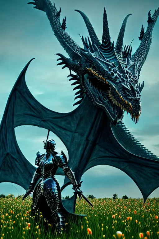 Image similar to high quality 3 d neo - gothic armored human dragon hybrid holding sword in a field of flowers, highly detailed unreal engine, vitaly bulgarov dramatic dark teal light, ground angle uhd 8 k, sharp focus