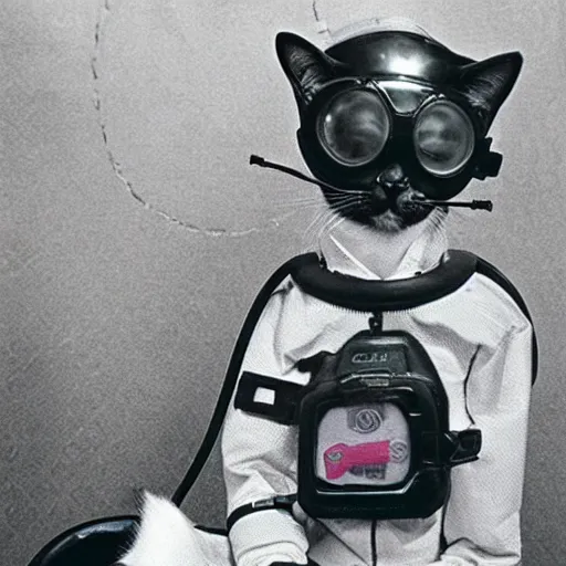 Prompt: photograph of cat wearing diving gear swimming in a vat of acid