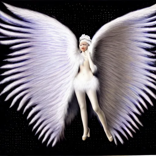 Image similar to highdetailed hyperrealistic painting of white wingsl!!!, white sparkles, 4 k hd fur, big wings, by jan van eyck, pattern, holography space, glow effect, large strokes, white monochrome color!!!!!