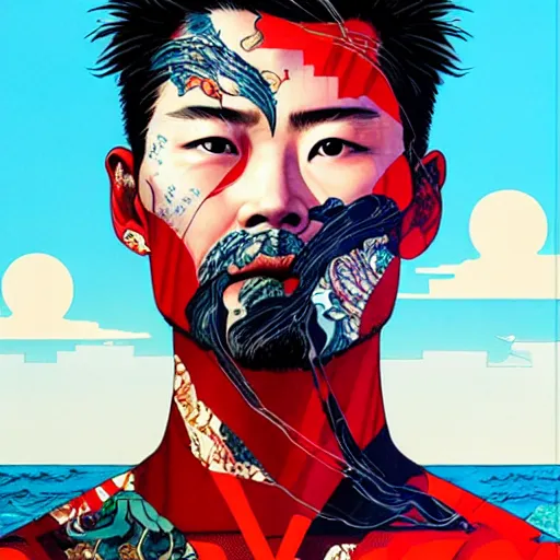 Prompt: a portrait of a chinese man with side profile blood in ocean intricate details by MARVEL comics and Sandra Chevrier-C