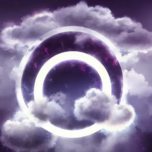 Image similar to atom symbol surrounded by clouds, dreamy lighting, digital art, art station, extremely detailed