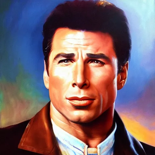 Image similar to ultra realistic portrait painting of john travolta, art by frank frazetta, 4 k, ultra realistic, highly detailed, epic lighting
