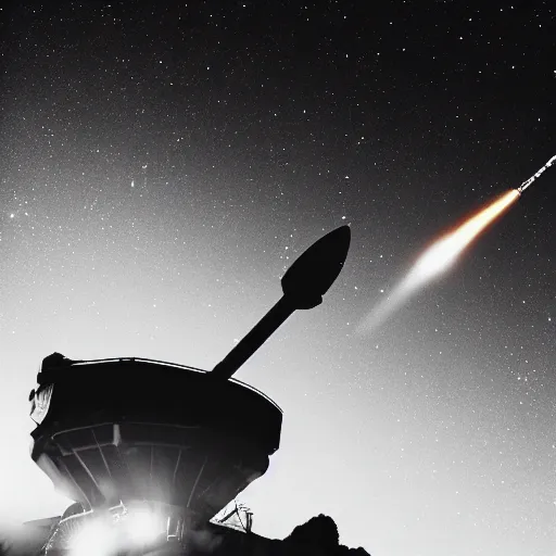 Image similar to photo of a detailed rocket blasting off from mars, black background with glowing stars and satalites, cinematic film still, high contrast, astrophotography, polaroid,