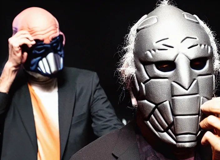 Image similar to publicity photo still of larry david wearing a slipknot mask touring with slipknot live on stage, 8 k, live concert lighting, mid shot