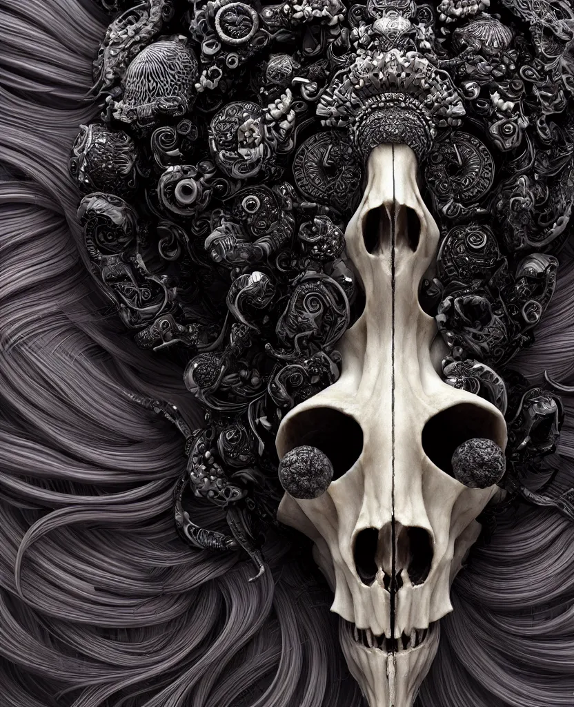 Image similar to goddess princess face close-up portrait ram skull. sculpture made of black obsidian. jellyfish phoenix head, nautilus, orchid, skull, betta fish, bioluminiscent creatures, intricate artwork by Tooth Wu and wlop and beeple. octane render, trending on artstation, greg rutkowski very coherent symmetrical artwork. cinematic, hyper realism, high detail, octane render, 8k