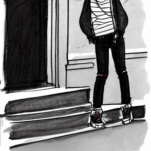 Prompt: fashion sketch of an asian teenager doing a warm up on a brownstone stoop.