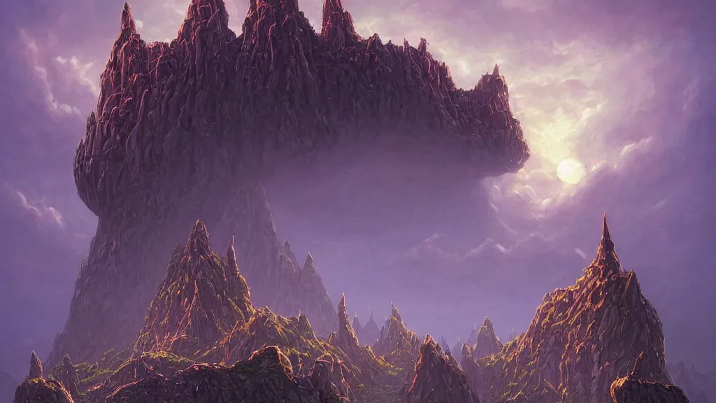 Image similar to A floating island on a giant pointy gray rock above the white puffy clouds at golden hour, and an Evil Castle at the top. Dark Purple Magic emanates, like tendrils from the castle. Epic fantasy scene. Beautiful painting by Michael Whelan, Tyler Edlin, JRR Tolkien.