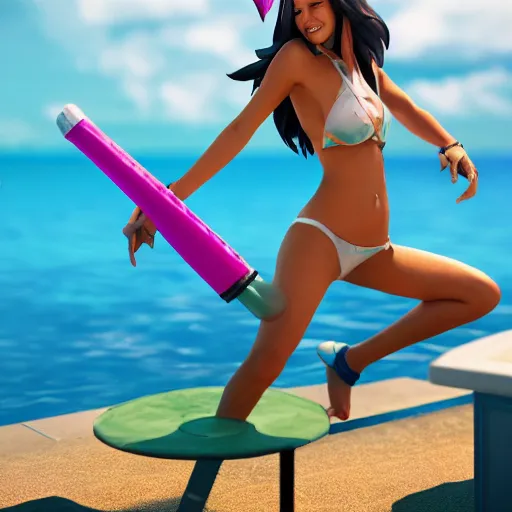 Image similar to pool party Akali catching the Hawaiian sun (League of Legends). 3d render, octane render, iRay, ray tracing, realistic, highly detailed, trending on artstation, 4k, cgsociety, unreal engine 5, redshift render, blender cycles, behance, cg