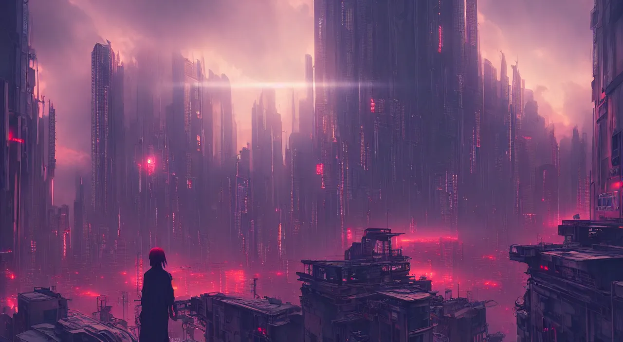 Prompt: cyberpunk city scene, art by hasui kawase, misty, red sky, gorgeous clouds, god rays, fantasy art, octane render, ureal engine, high detail, alphonse mucha, greg rutkowski, james gurney, johannes voss