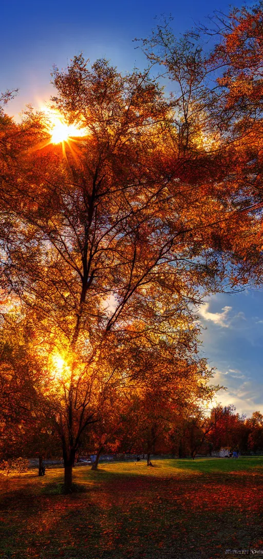 Prompt: Sunset on an autumn day in the park. 8k resolution. digital art by Robert Kurvitz.