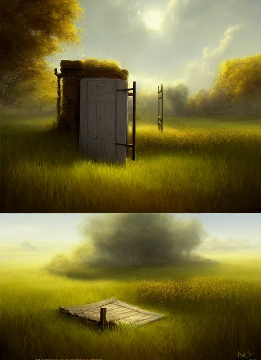 Prompt: a painting of an open door in the middle of a field, a detailed matte painting by the mazeking, featured on cgsociety, fantasy art, matte painting, concept art, deviantart