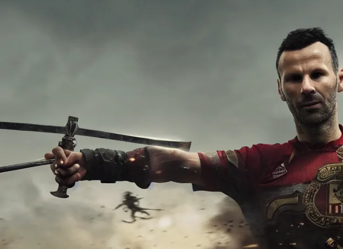 Prompt: close up cinematic artwork of Ryan Giggs staring down the enemy on the battlefield, sword raised in the air by Greg Rutkowski, 4k, masterpiece